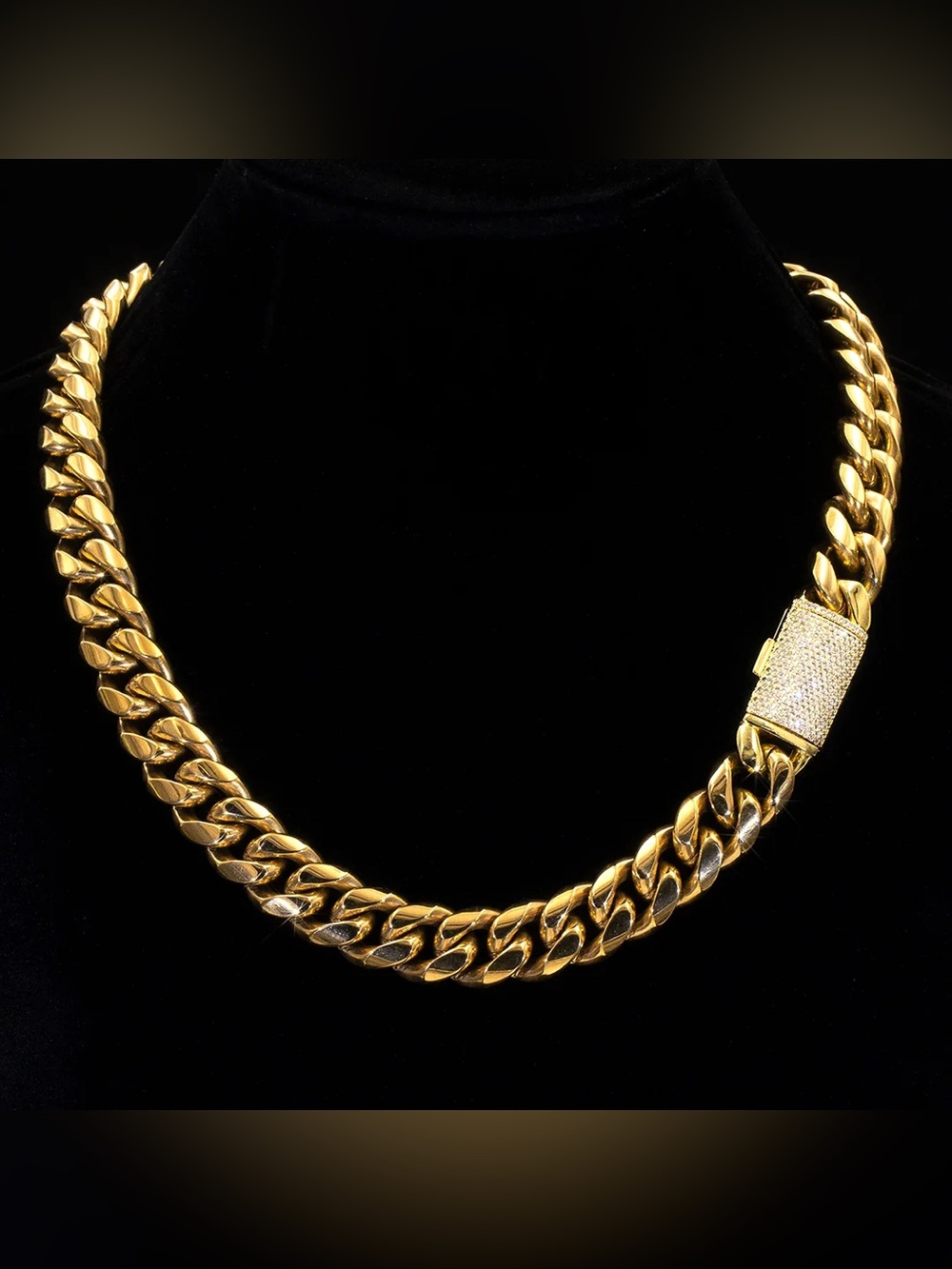 Gold Plated 14MM Chain Necklace with Diamond Clasp - Men's Accessory 18”